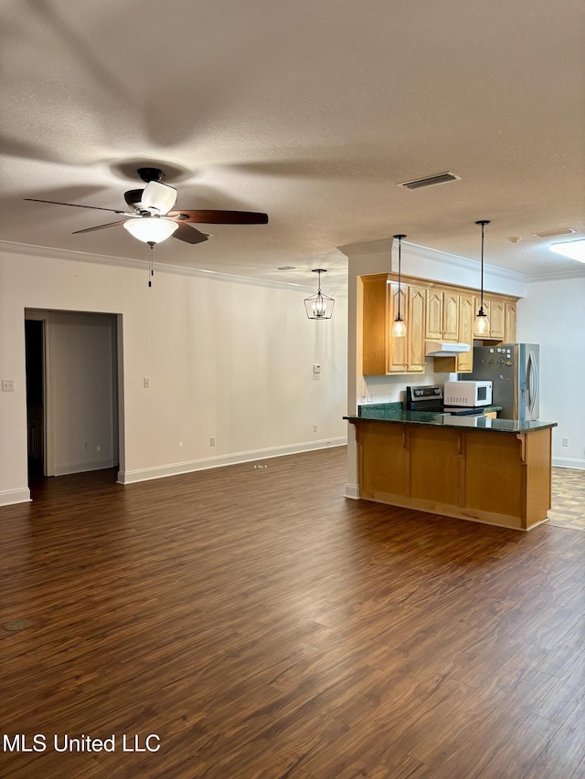 1405 Bay Ridge Dr, Gautier, MS 39553 - kitchen with appliances with stainless steel finishes, open floor plan, dark countertops, a peninsula, and dark wood-style floors