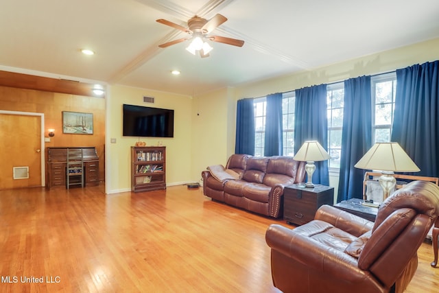 221 S Third St, Wiggins, MS 39577 - living area featuring a ceiling fan, light wood-style floors, and recessed lighting