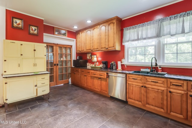 221 S Third St, Wiggins, MS 39577 - kitchen featuring stainless steel dishwasher, french doors, dark countertops, brown cabinets, and recessed lighting