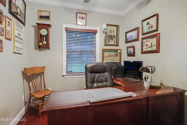 home office with crown molding and baseboards