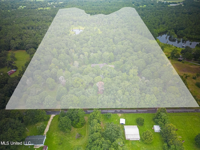drone / aerial view with a water view and a forest view