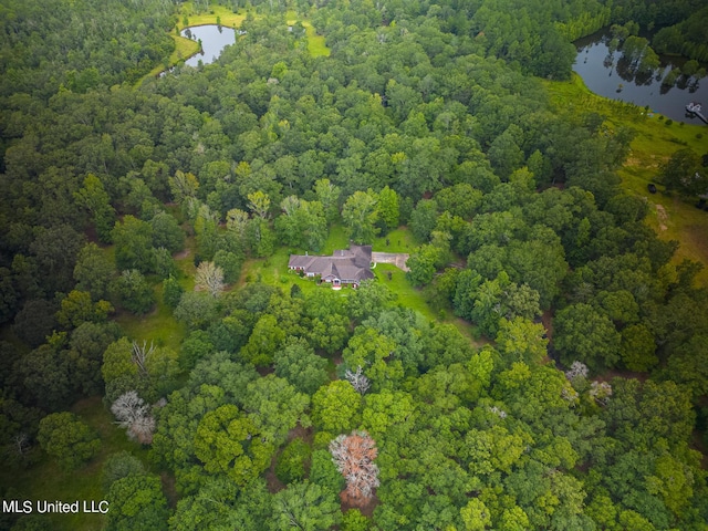 birds eye view of property with a water view and a view of trees