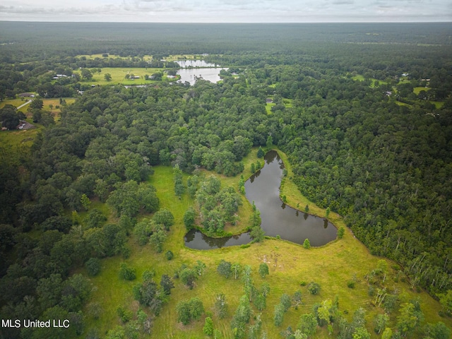 drone / aerial view with a water view and a wooded view