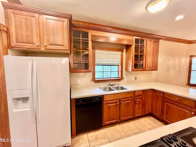 kitchen with black dishwasher, light tile patterned floors, crown molding, sink, and white refrigerator with ice dispenser