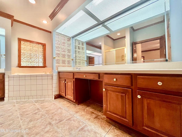 bathroom featuring vanity, independent shower and bath, crown molding, and tile patterned flooring