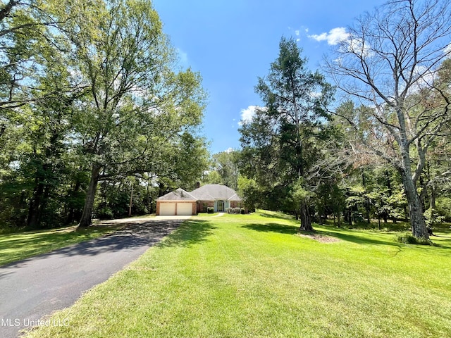 view of front of house featuring a garage and a front lawn