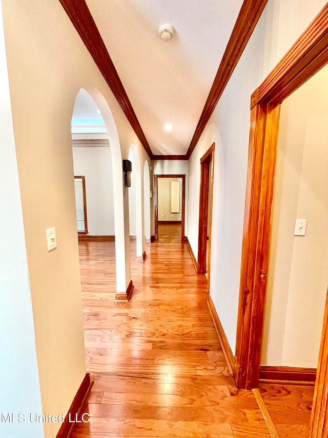 hall featuring ornamental molding and light hardwood / wood-style flooring