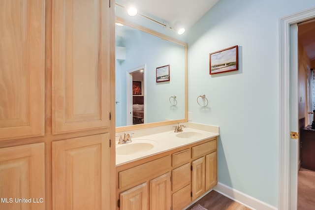 bathroom with vanity and hardwood / wood-style flooring