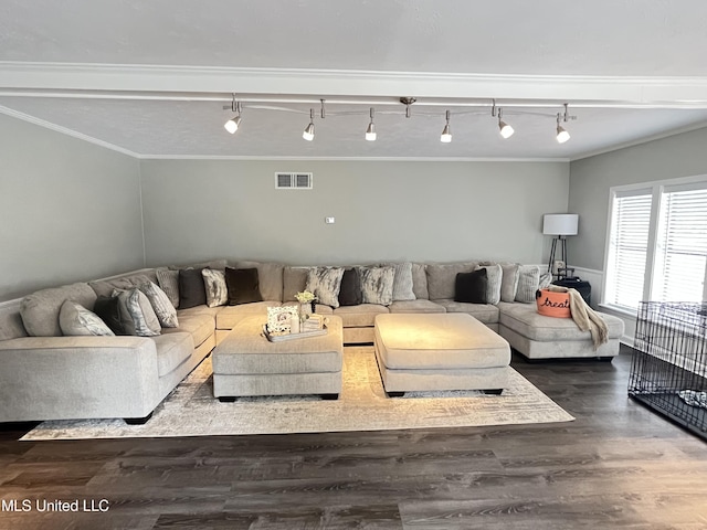 living room with rail lighting, hardwood / wood-style flooring, and ornamental molding