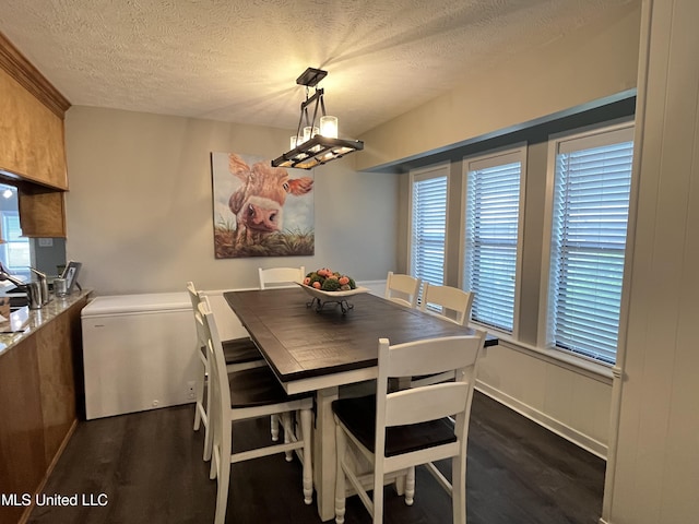 dining area with a textured ceiling, a healthy amount of sunlight, and dark wood-type flooring