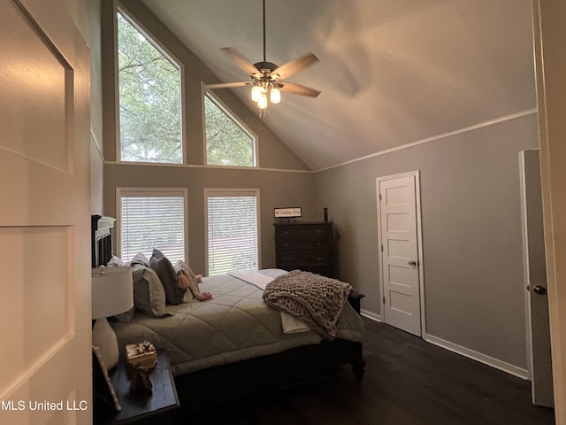 bedroom with dark hardwood / wood-style flooring, high vaulted ceiling, and ceiling fan