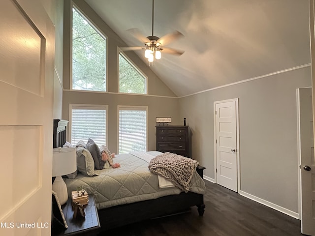 bedroom featuring high vaulted ceiling, dark wood-type flooring, and ceiling fan