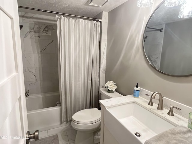 full bathroom featuring toilet, a textured ceiling, vanity, and shower / tub combo