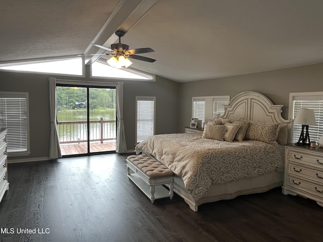 bedroom with access to exterior, lofted ceiling with beams, dark wood-type flooring, and ceiling fan