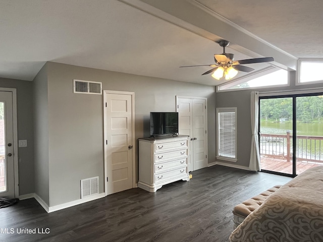 unfurnished bedroom featuring ceiling fan, vaulted ceiling with beams, access to exterior, and dark hardwood / wood-style flooring