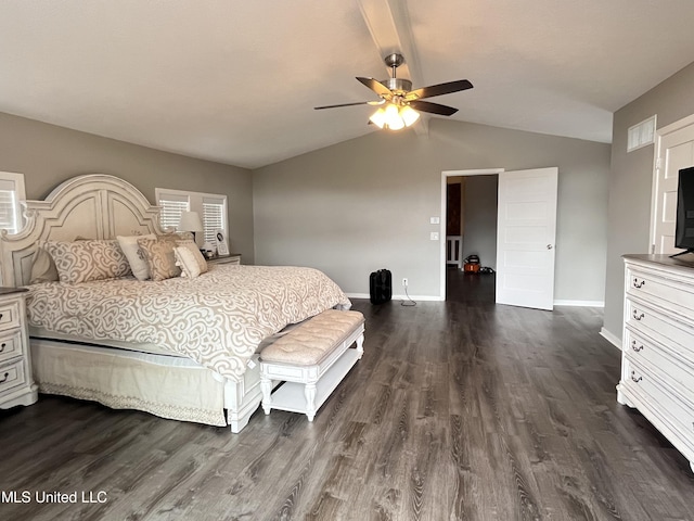 bedroom featuring ceiling fan, vaulted ceiling, and dark hardwood / wood-style flooring