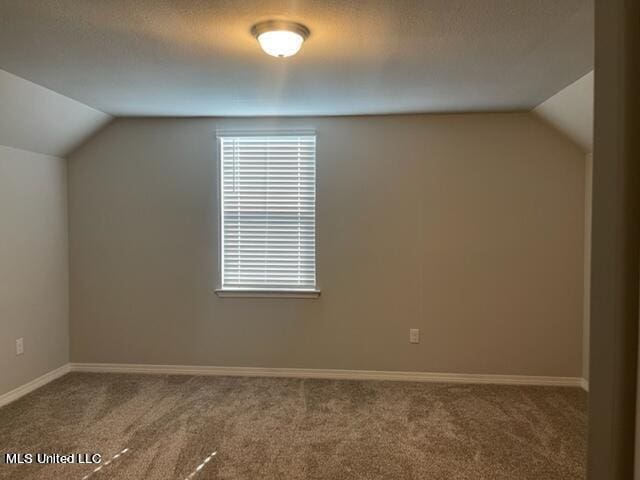 bonus room featuring lofted ceiling, a textured ceiling, and carpet floors