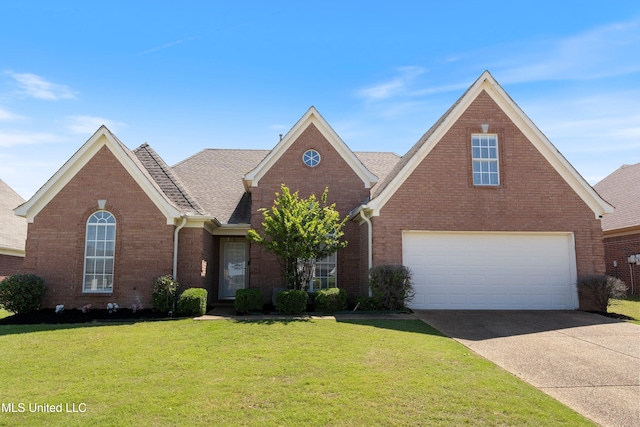 traditional-style home featuring concrete driveway, brick siding, and a front yard