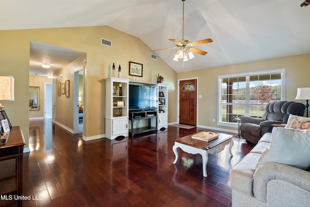 living room featuring dark hardwood / wood-style floors, vaulted ceiling, and ceiling fan