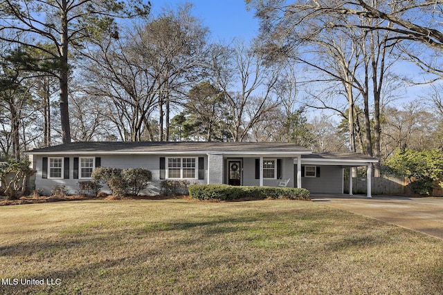 single story home with an attached carport, a front lawn, and concrete driveway