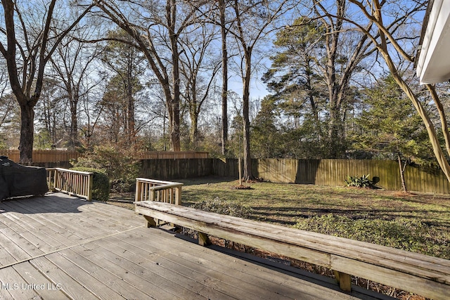 wooden terrace featuring a lawn and a fenced backyard