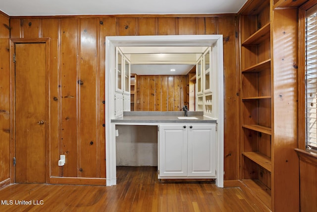 interior space featuring hardwood / wood-style floors, a sink, and wooden walls