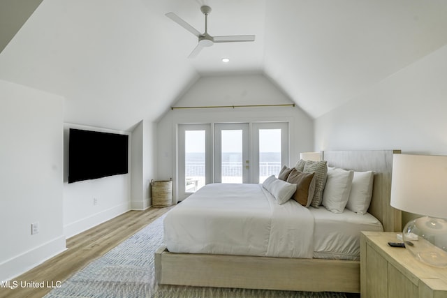 26470 W Beach Blvd, Pass Christian, MS 39571 - bedroom with access to outside, light wood finished floors, vaulted ceiling, and a ceiling fan