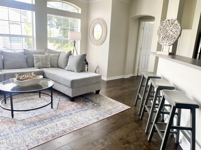 2252 Beach Dr Unit 203, Gulfport, MS 39507 - living area featuring ornamental molding, arched walkways, and dark wood-style flooring