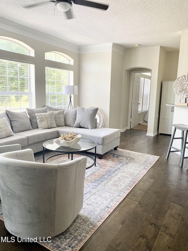 2252 Beach Dr Unit 203, Gulfport, MS 39507 - living area with ceiling fan, arched walkways, dark wood-style floors, crown molding, and a textured ceiling