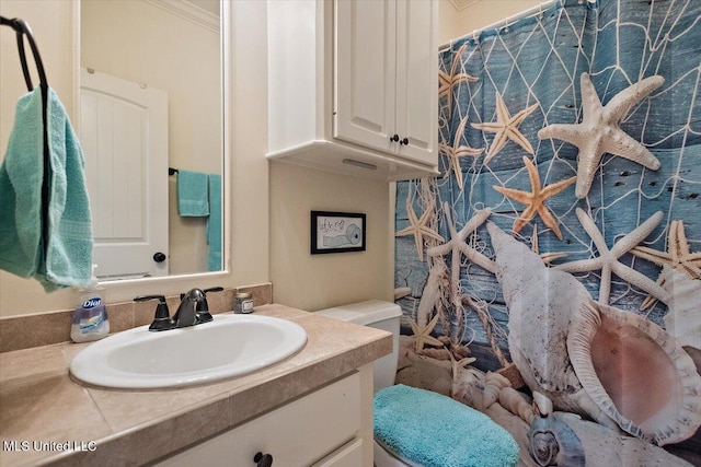 full bathroom with vanity, toilet, and curtained shower