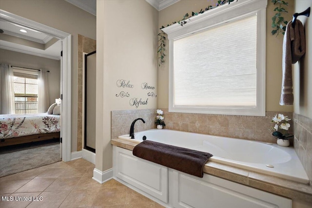 ensuite bathroom with crown molding, a stall shower, a bath, and connected bathroom