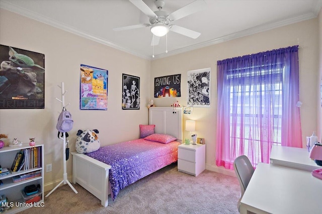bedroom with baseboards, ornamental molding, and carpet
