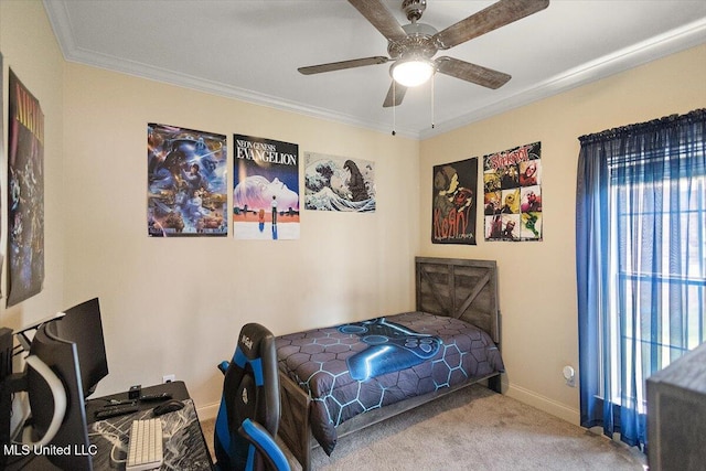 bedroom featuring baseboards, ornamental molding, ceiling fan, and carpet