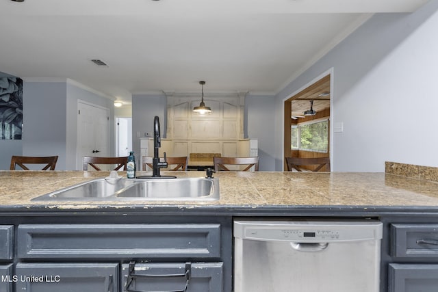 18401 Dogwood Ln, Saucier, MS 39574 - kitchen featuring crown molding, visible vents, dishwasher, a sink, and tile counters