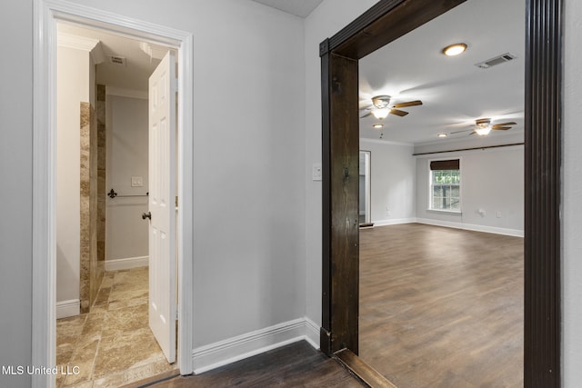 18401 Dogwood Ln, Saucier, MS 39574 - corridor featuring visible vents, baseboards, crown molding, and dark wood-style floors