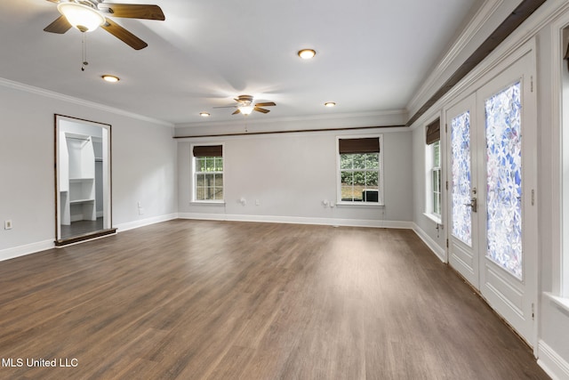 18401 Dogwood Ln, Saucier, MS 39574 - unfurnished room with crown molding, baseboards, a ceiling fan, and dark wood-style floors