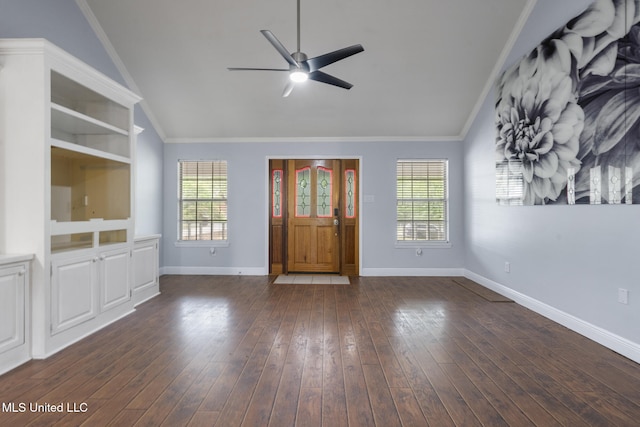 18401 Dogwood Ln, Saucier, MS 39574 - unfurnished living room with lofted ceiling, hardwood / wood-style floors, ornamental molding, and ceiling fan