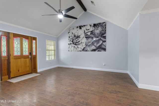 18401 Dogwood Ln, Saucier, MS 39574 - foyer entrance featuring ceiling fan, lofted ceiling with beams, visible vents, wood finished floors, and baseboards