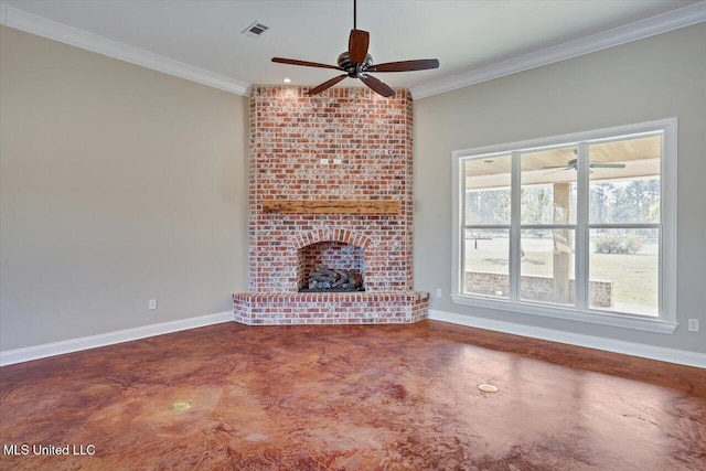 unfurnished living room featuring ceiling fan, a brick fireplace, crown molding, and concrete flooring