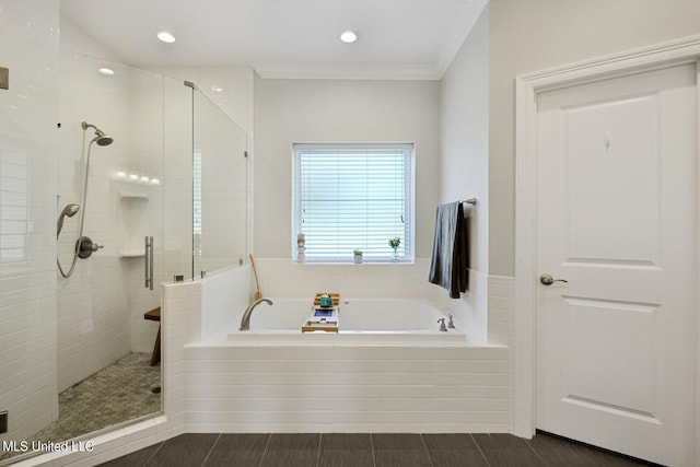 full bathroom with a garden tub, recessed lighting, crown molding, and a stall shower