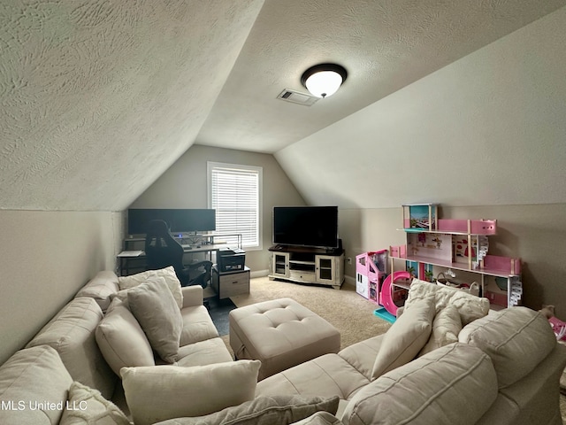 living room featuring carpet flooring, a textured ceiling, and lofted ceiling