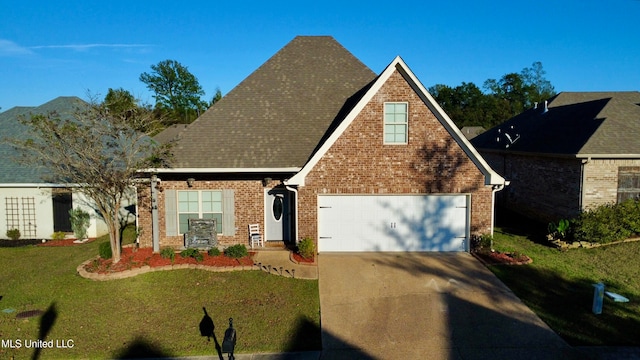 view of front of home featuring a front yard and a garage