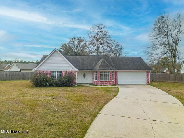 ranch-style house with a front yard and a garage