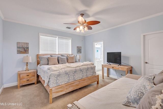 carpeted bedroom with crown molding, ceiling fan, and connected bathroom