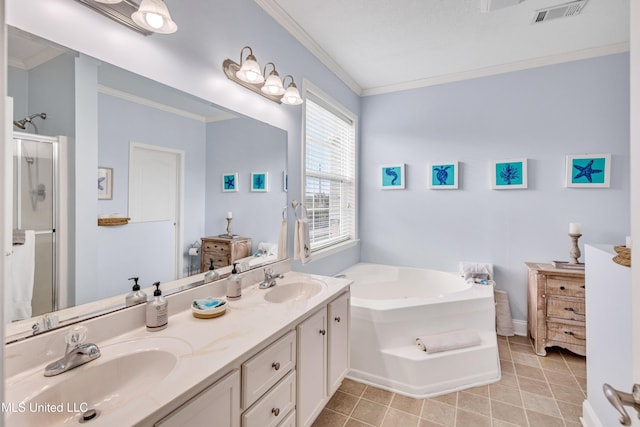 bathroom featuring tile patterned flooring, vanity, separate shower and tub, and crown molding