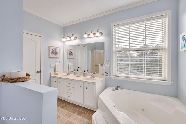 bathroom with vanity, ornamental molding, and separate shower and tub