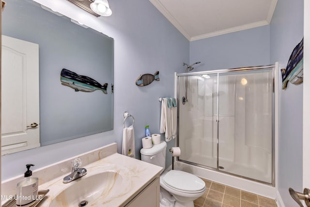 bathroom with ornamental molding, toilet, vanity, and walk in shower