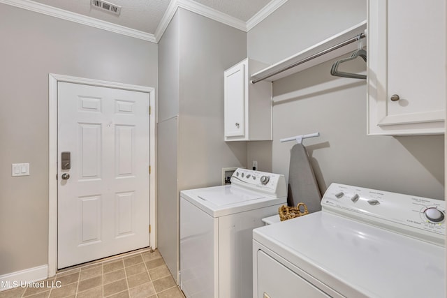 washroom with separate washer and dryer, crown molding, cabinets, and a textured ceiling