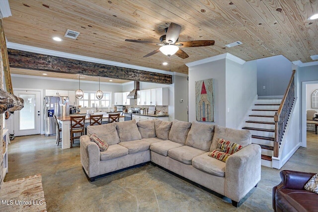 148 Stanton Hall Dr, Florence, MS 39073 - living area featuring crown molding, finished concrete flooring, wood ceiling, stairs, and a ceiling fan