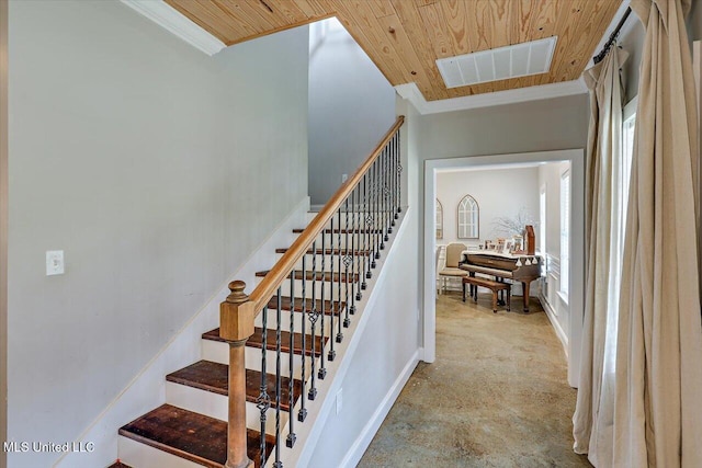 148 Stanton Hall Dr, Florence, MS 39073 - stairs featuring ornamental molding, wood ceiling, and carpet floors